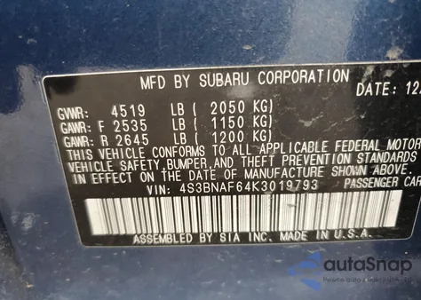 2019 Subaru Legacy 2.5I Premium из США, поврежденный, VIN 4S3BNAF64K3019793